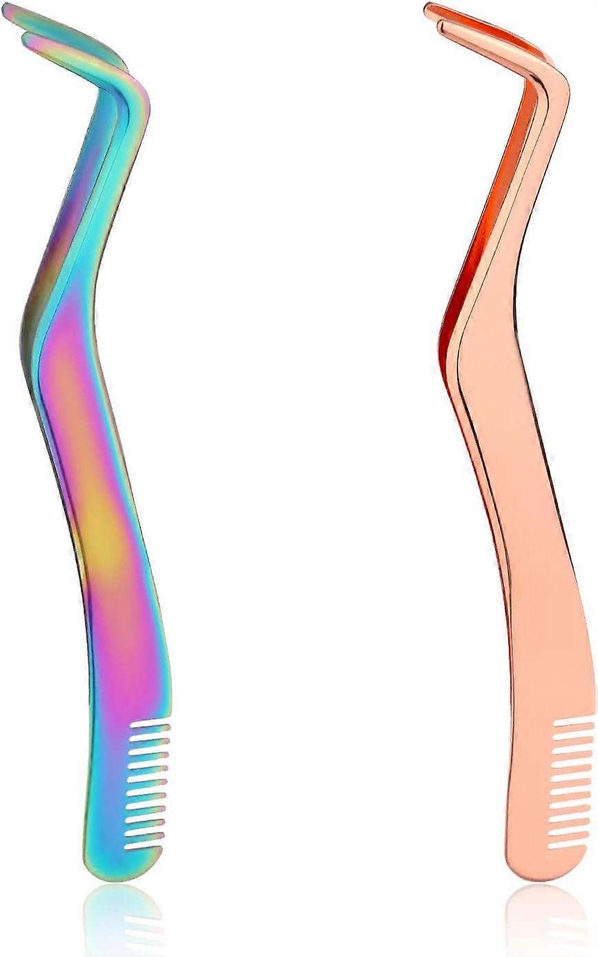 2 Eyelash Tweezers, 2 in 1 Stainless Steel Eyelash Tweezers with Eyelash Applicator Comb (Rose Gold, Colorful),2024 Ping