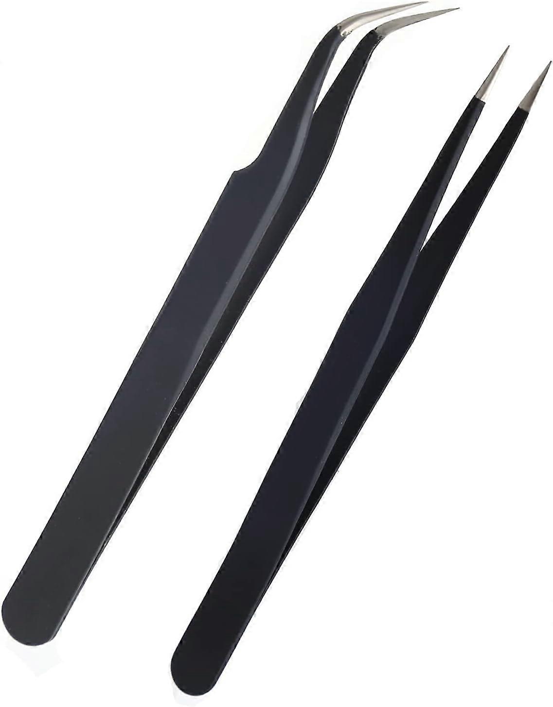 2 Pieces Eyelash Tweezers, Stainless Steel Eyelash Extension Tweezers Straight and Curved Tip Eyelash Tweezers (Black)
