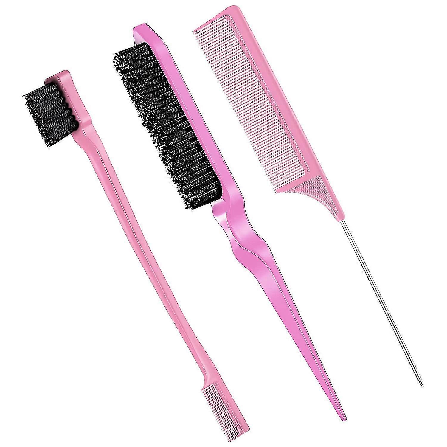 3 Piece Brush Set Double Edge Brush And Rat Tail Comb Pink