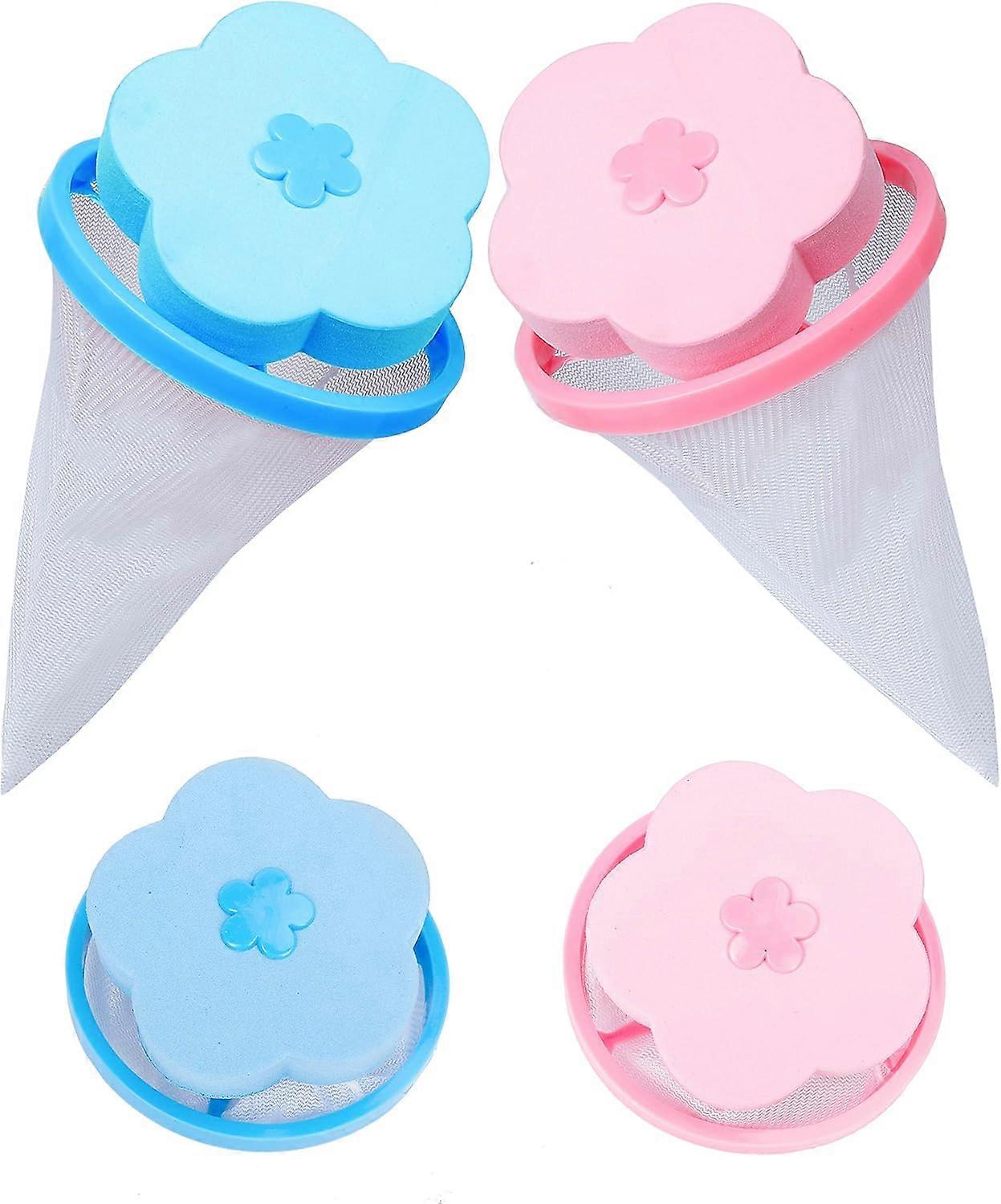 Lint Filter for Washing Machine Reusable Portable Lint Traps Flower Shape Washer Hair Catcher for Household Tool Blue and Pink 4 Pieces