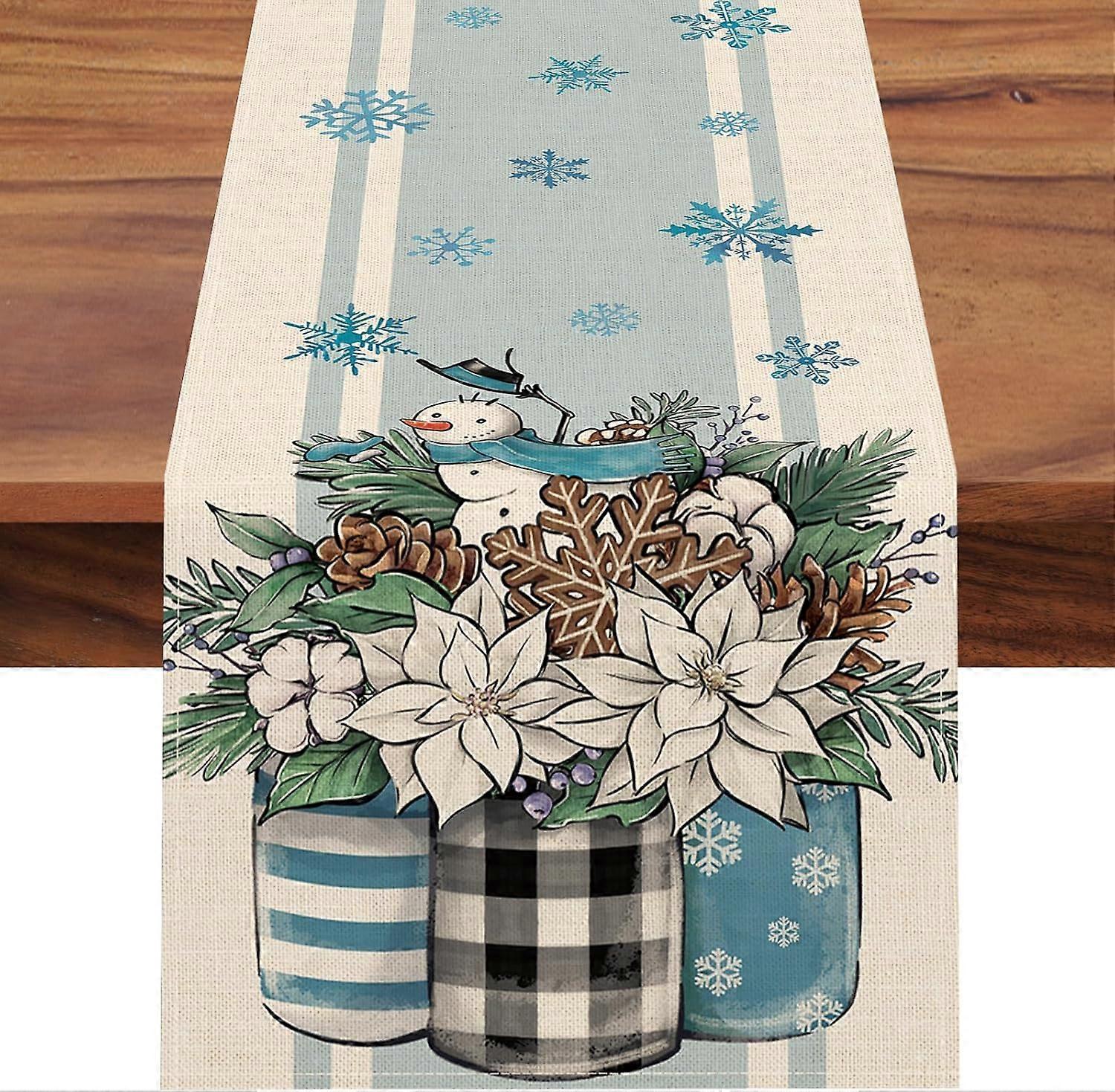 Winter Easter Table Runner, Mason Jar, Snowman, Pinecone, Snowflake, Blue Stripes, Kitchen Dining Table Decor, 13x72 Inch