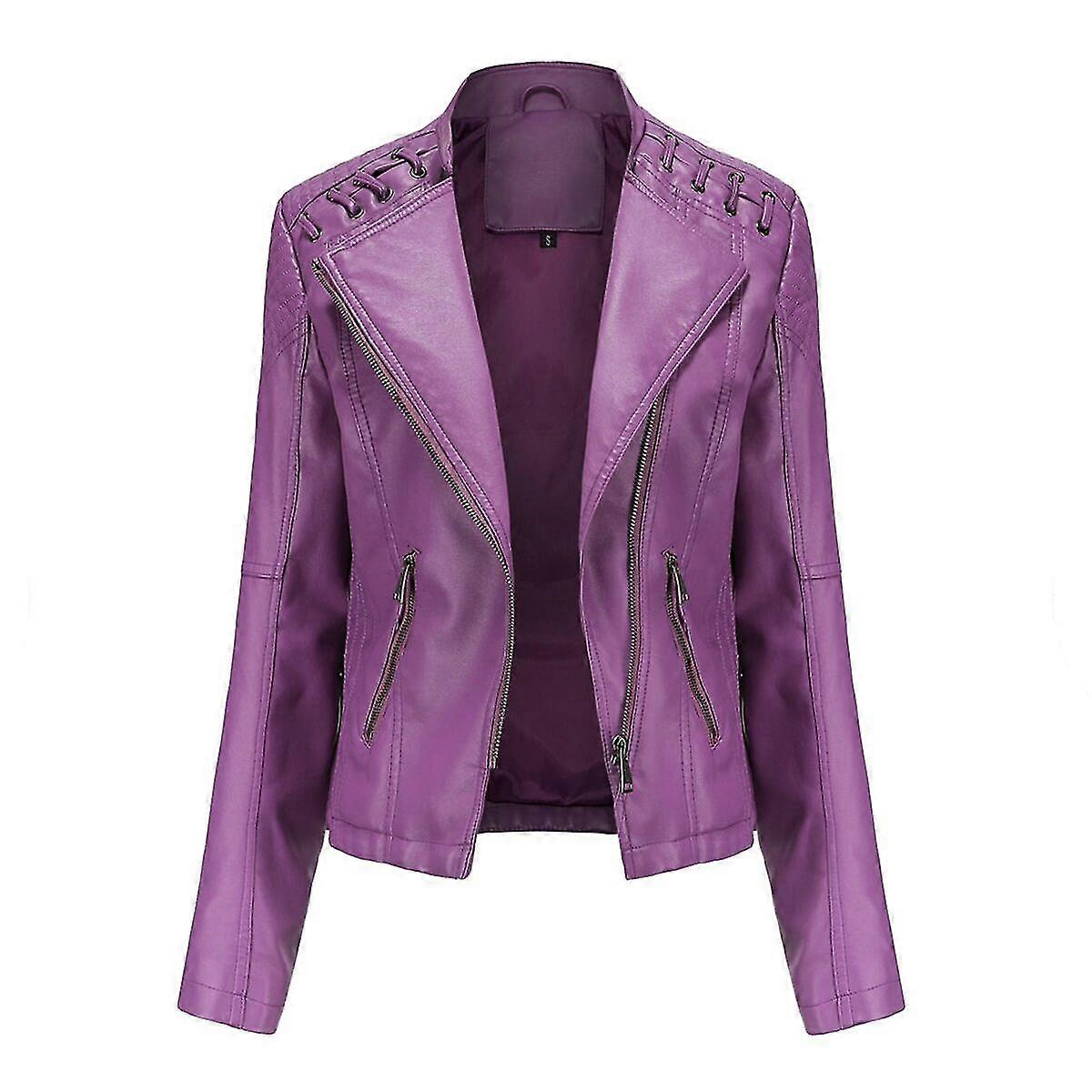 VAWAN Women's Biker Jacket, Short-fit Autumn Leather Jacket with Stand Collar, Zipper