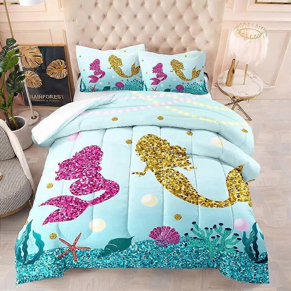 Kids Mermaid Comforter Set Full, 3D Glitter Mermaid Princess Under The Sea Pattern Ultra Soft and Breathable Microfiber Fill Warmth Down Quilt Sets