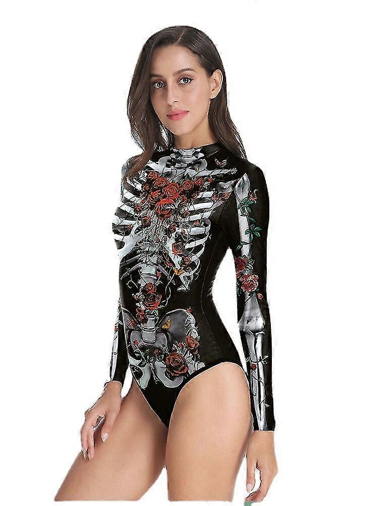 Skeleton Printing Swimsuit Zipper Long Sleeve One Piece Triangle Halloween Costumes