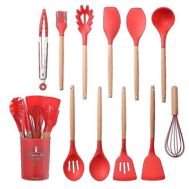 11pcs Silicone Cooking Utensils Kitchen Utensil Set - 446f Heat Resistant,turner Tongs,spatula,spoon,brush,whisk. 9 Color Wooden Handles Kitchen Gadge