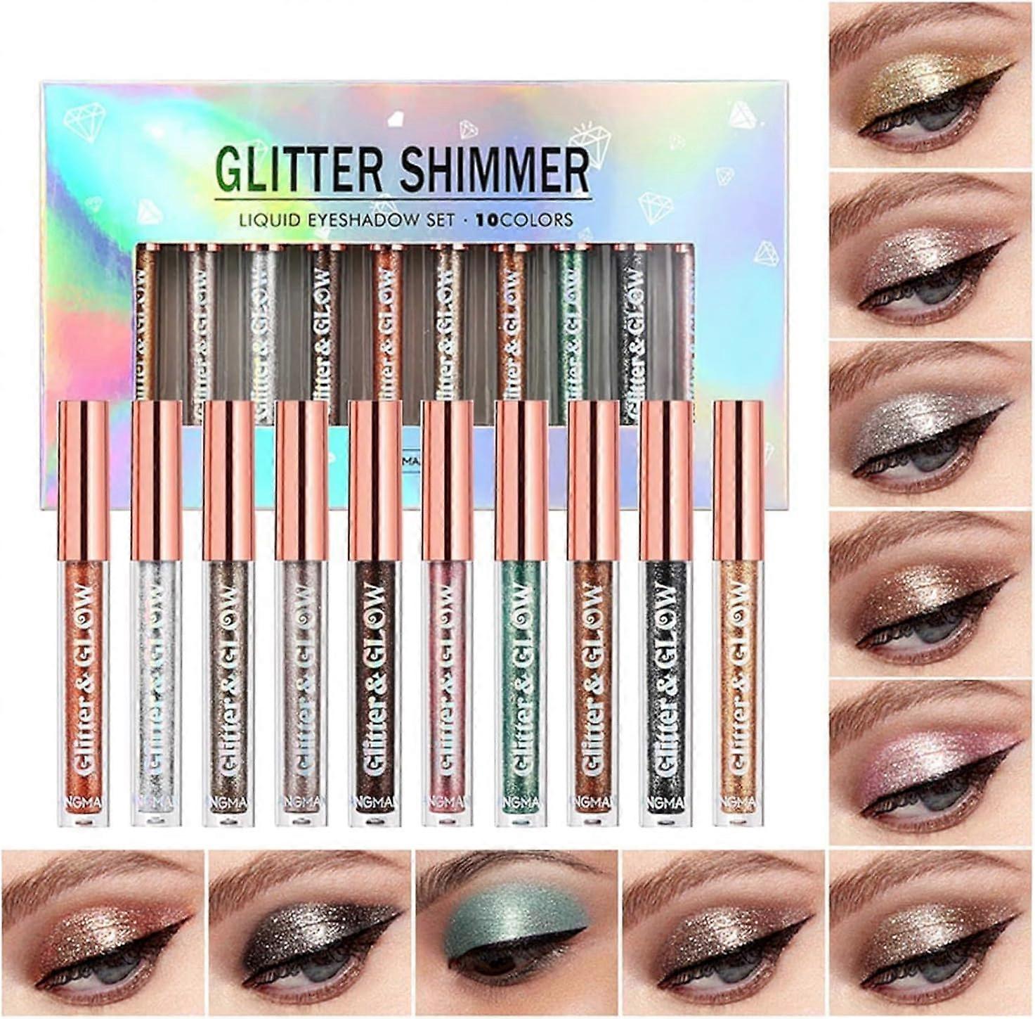 10 Colors Liquid Glitter Eyeshadow Set, Metallic Glitter Shimmer Naked Smokey Eye Looks Waterproof Long Lasting Quick-Drying Eye Shadow