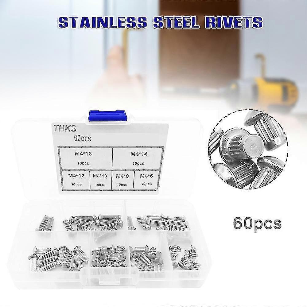 60 Pcs Solid Rivets Round Head Knurled Shank M4 Stainless Steel Rivet Nuts Set
