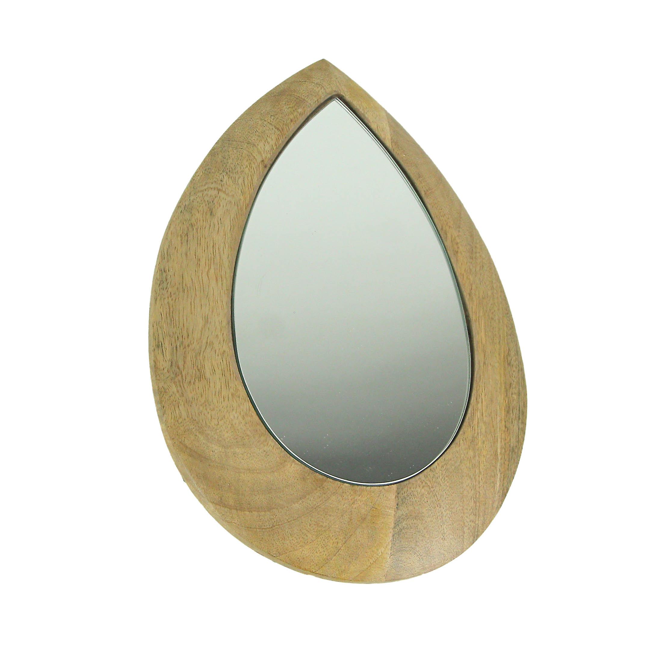 Hand-Carved Wood Frame Teardrop Wall Mirror with Natural Finish - Rustic Bohemian Style Home Decor in Bathrooms, Living Rooms, Bedrooms - 11 Inches High