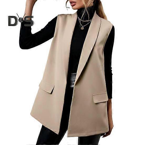 Women Suit Vest Lapel Sleeveless Flap Pockets Mid-length Suit Coat Solid Color Open Front Business Work Waistcoat