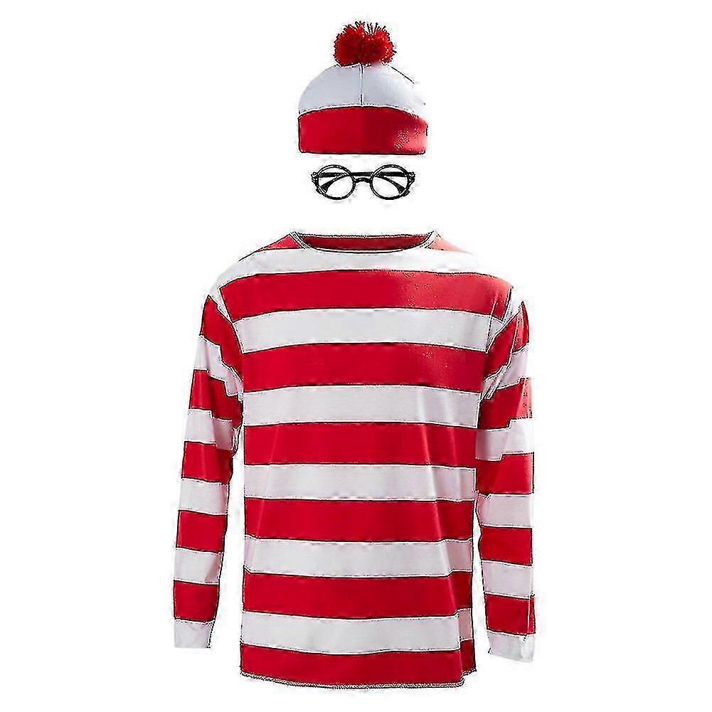 大人のための赤と白のストライプのコスプレコスチューム - Waldo Now Tシャツ、セーター、帽子、メガネはどこだ