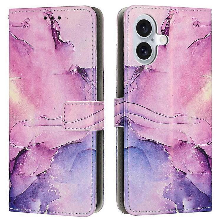 Compatible For iPhone 16 Stand Case Marble Pattern PU Leather Wallet Phone Cover with Wrist Strap