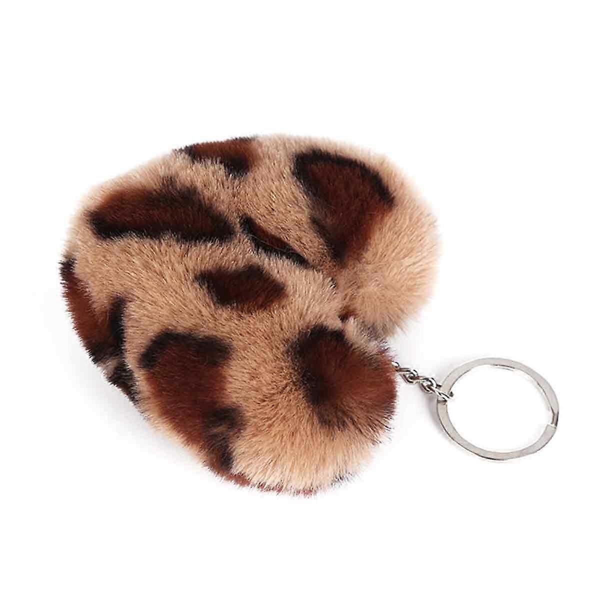 Fuzzy Accessory Leopard Print Faux Fur Heart Pendant Key Ring Alloy Keychain (6#)