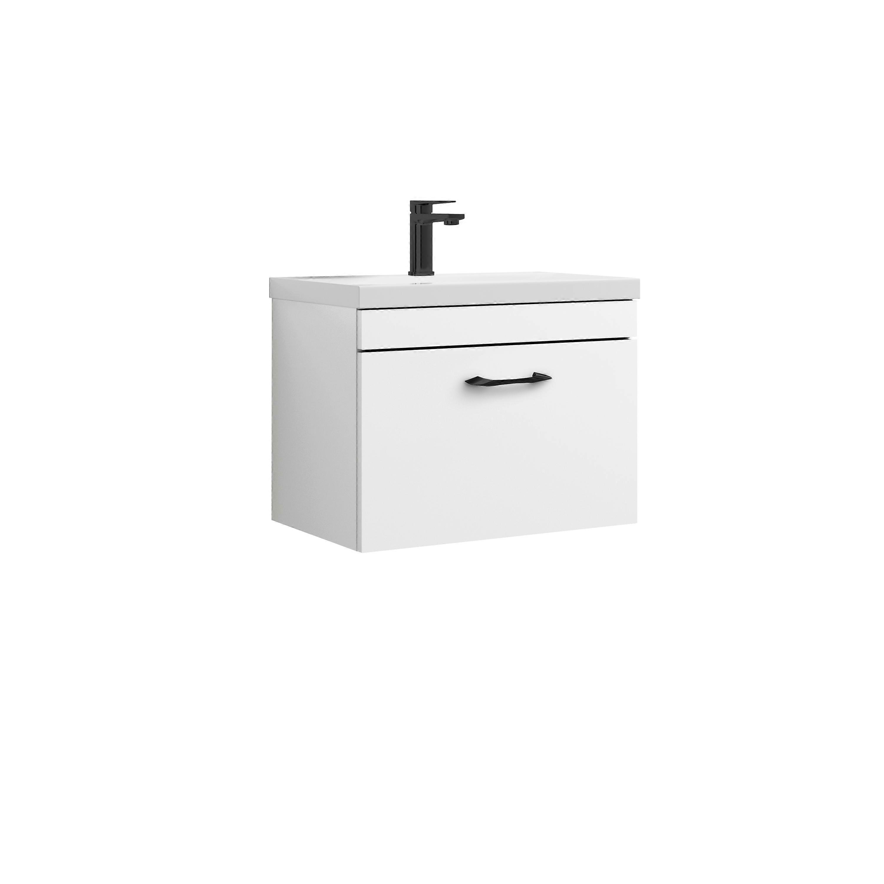 Rio 1 Drawer Wall Hung Vanity Basin Unit - 600mm - Gloss White with Black D-shaped handle (Tap Not Included) - Balterley Faucet