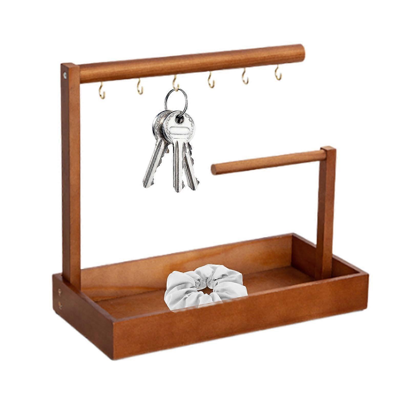 Entryway Key Stand Table Key Tray Wooden Earring Stand Key Holders, Vanity Tray With 6 Hooks, 11.8x5.9x10.6 In