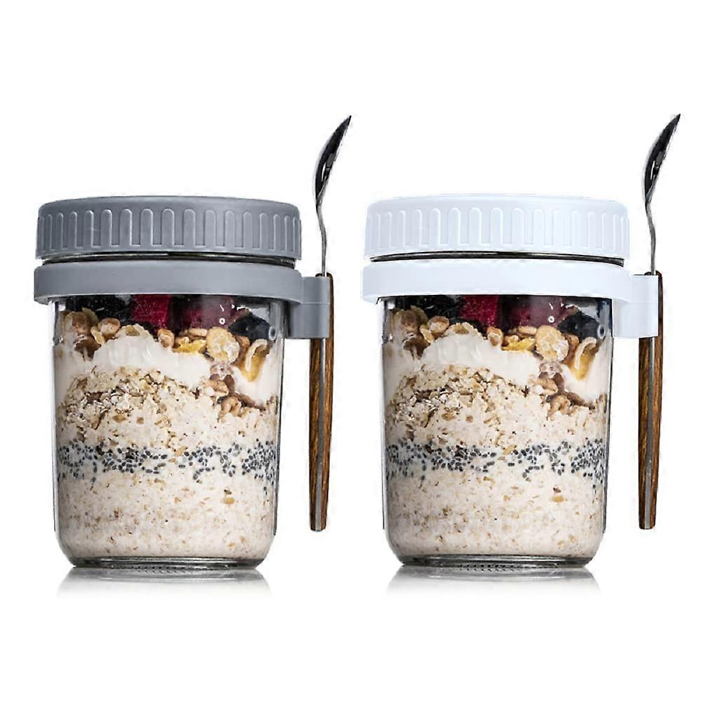 Overnight Oat Container with Lid and Spoon Set, 10 oz Airtight Cereal Storage for Oatmeal, Milk, and Salad, White and Grey