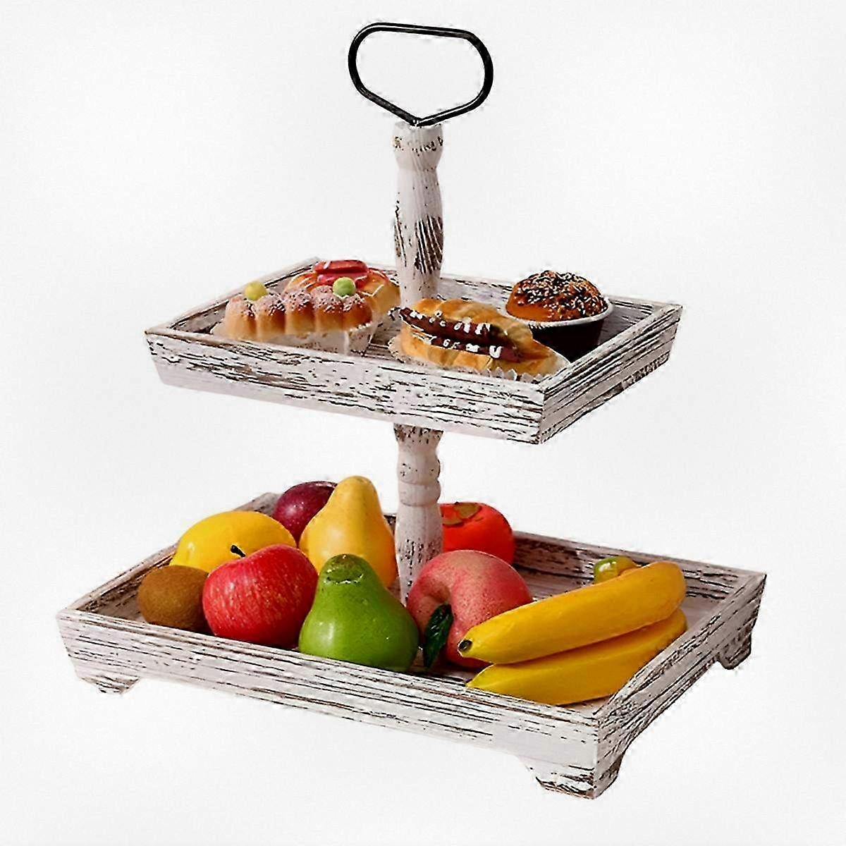 Double Layer Dessert Serving Tray for Cake Display, Vintage White Finish