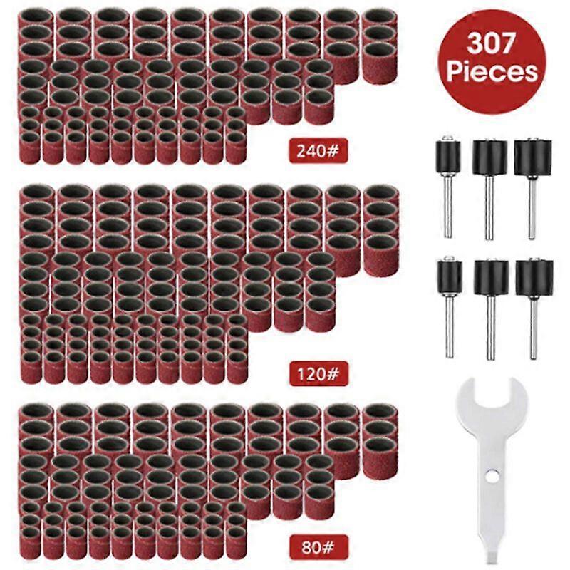 307 Piece Drum Sander Set Sanding Drum Kit - 300 Pieces Sanding Band Sleeves (80#/120#/240#) + 6 Pieces Drum Mandrels for Rotary Tool + 1 Combination
