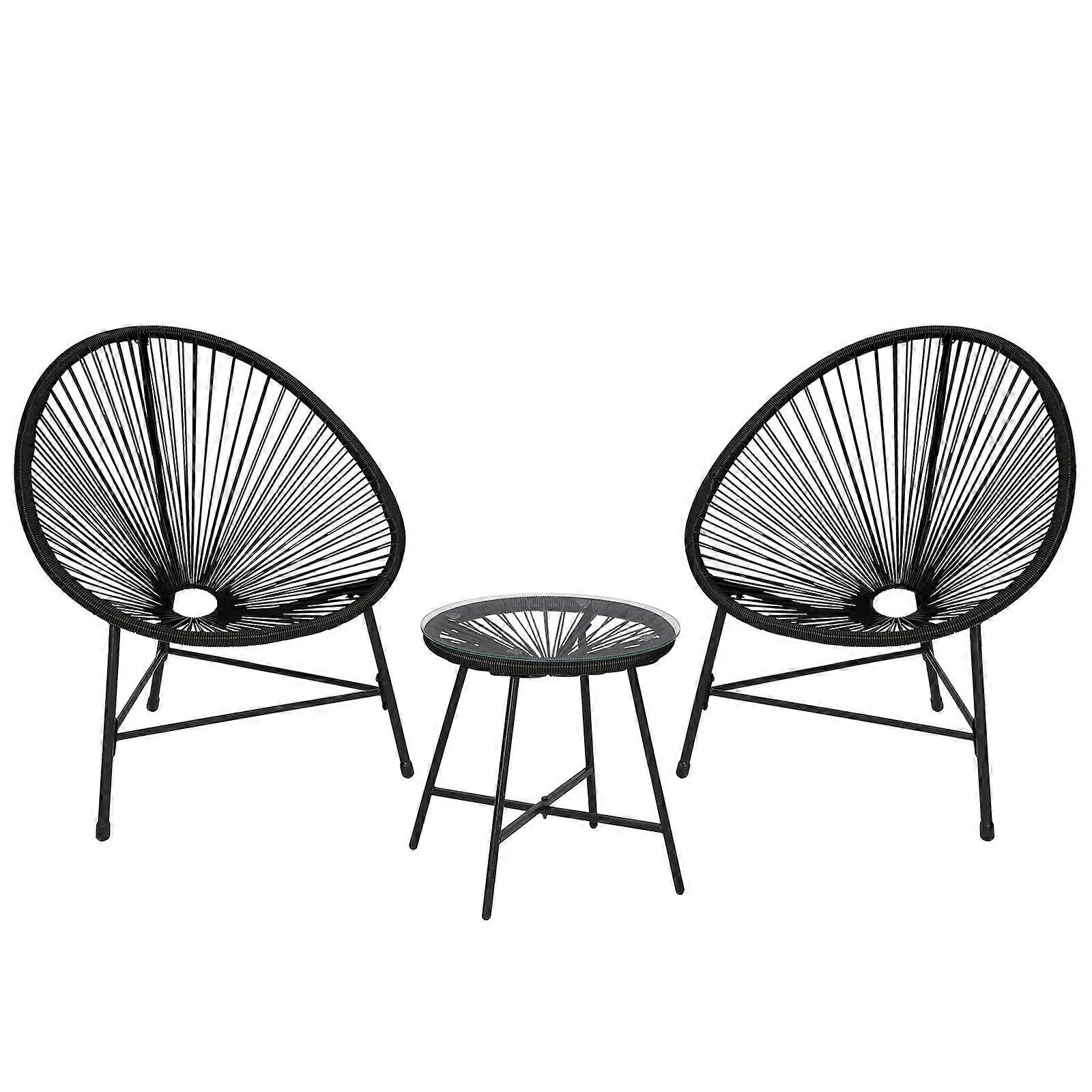 3 Piece Patio Furniture Set Acapulco Chairs with Woven Rope Design and Glass Top Table for All Weather Outdoor Bistro Black