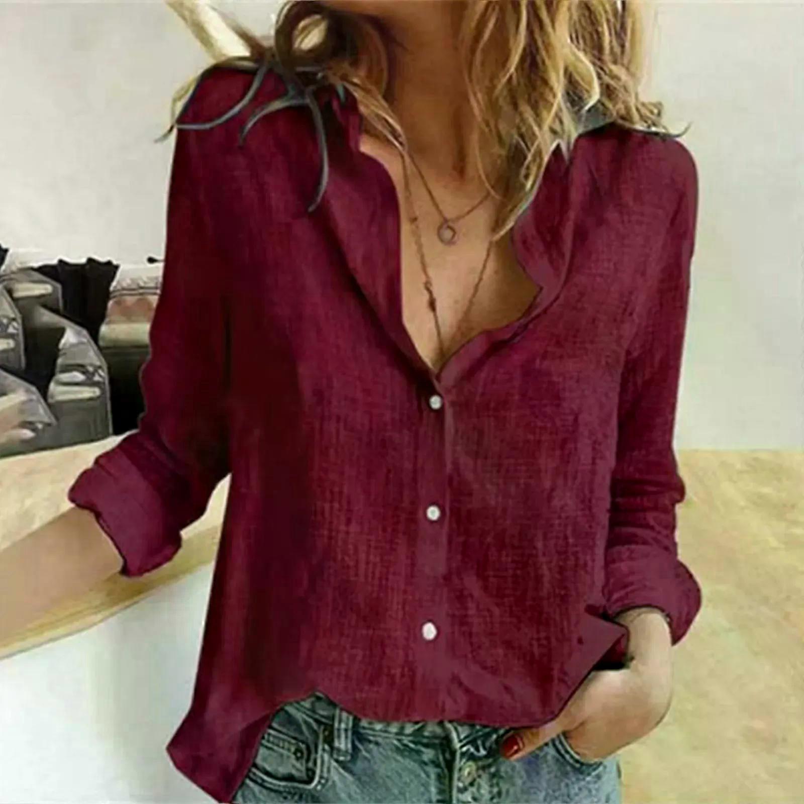 Über lockere Leinen Baumwolle Bluse Hemden Sommer Frauen Umlegekragen Langarm Einfarbig Ol Knopf Bluse Tops
