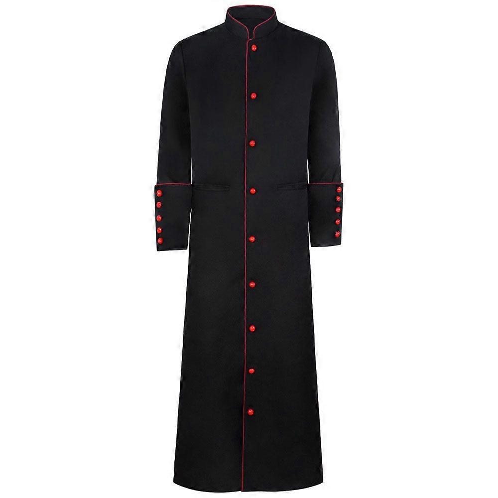 Gothic Priest Style Long Coat Black Vintage Clergy Robe with Red Buttons Steampunk Cosplay Outerwear for Men