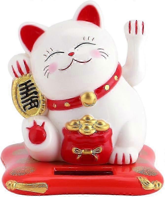 Solar Powered Cute Cat Figurine with Waving Arm for Home Display and Car Decoration, Suitable for Various Brands (White)