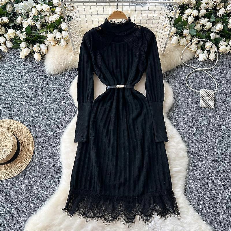 Autumn French Retro Knitted Elegant Long Dress Women New Hollow Lace Vintage Dresses Luxury Sense Slim Waist Splicing Clothes New 2024