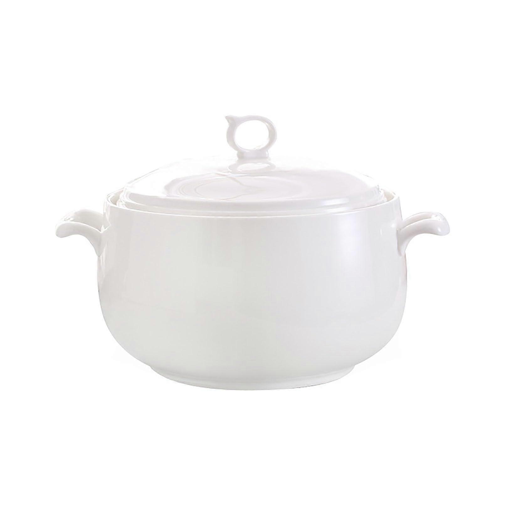 Ceramic soup tureen with lid, 3 l, double handles, microwave, White