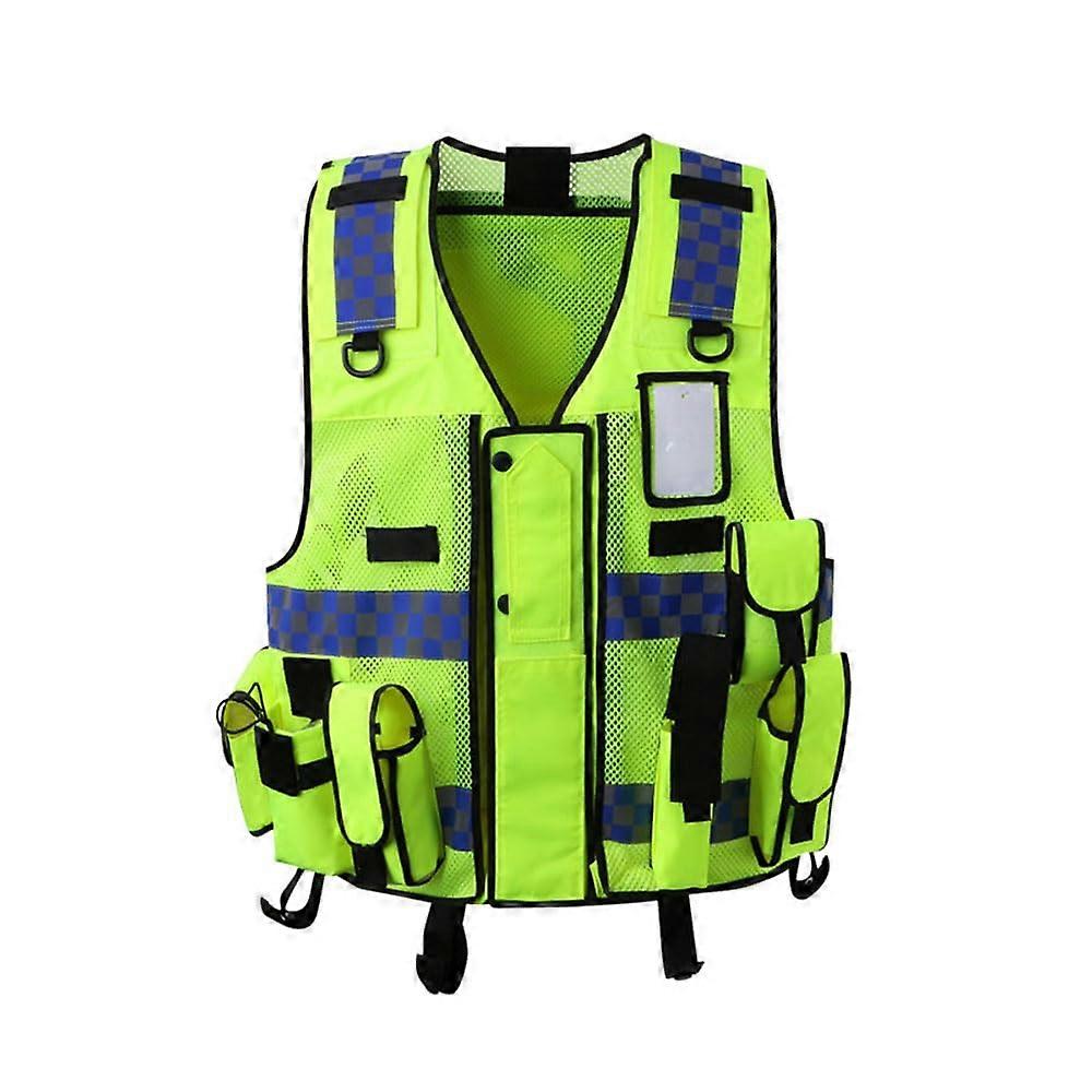 Mesh-Weste mit Warnweste, Weste mit mehreren Taschen, verstellbare Verkehrspolizeiweste mit reflektierenden Streifen, gelb, d'Alene to