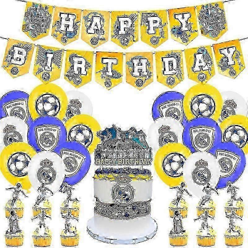 レアル・マドリードをテーマにした男の子のための誕生日パーティーのデコレーション - サッカーチームの旗、ケーキ、カード、風船