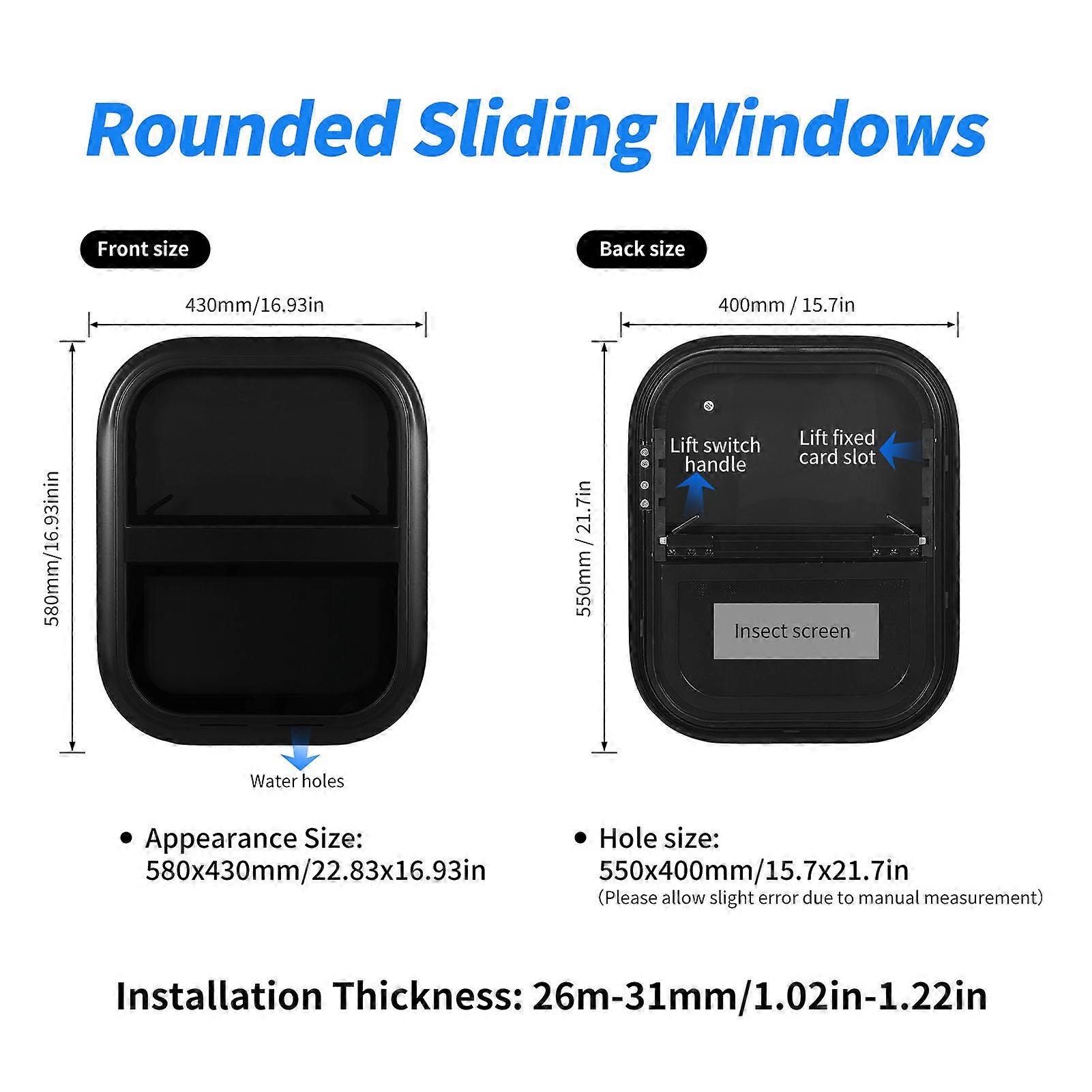 550x400mm RV Rounded Vertical Sliding Windows Tempered Glass Horizontal Sliding Glass Replacement with Trim Insect Screen for 26‑31mm Wall Thickness