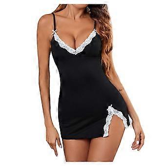Lingerie For Women Lace Babydoll Set With Dressing Gown Nightwear Silk Pyjamas Open Front Black Size L Model T04