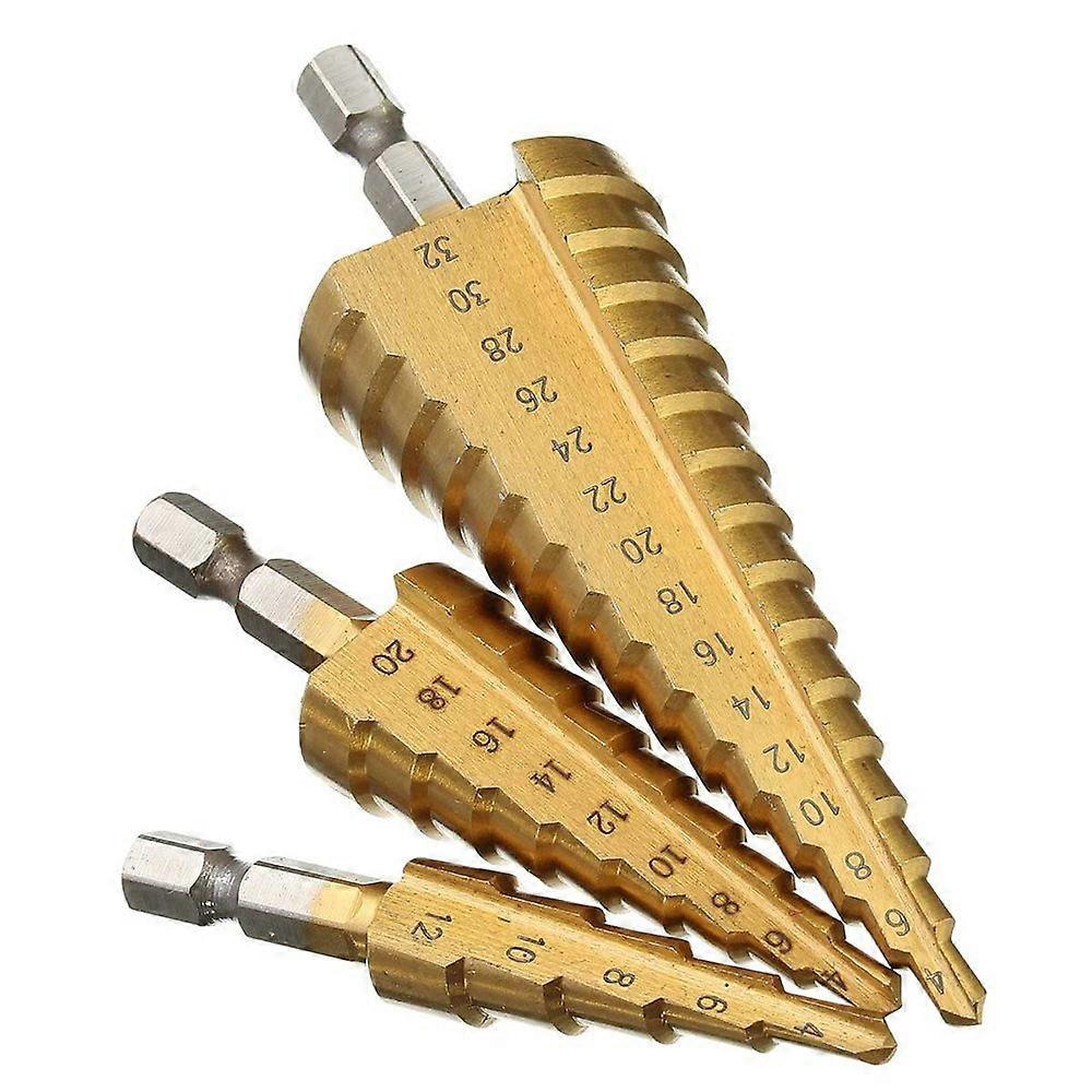 Step Drill Bit Set 3-Piece HSS Titanium Cone Cutter Hex Shank for Metal Wood Plastic 4-12/4-20/4-32 mm