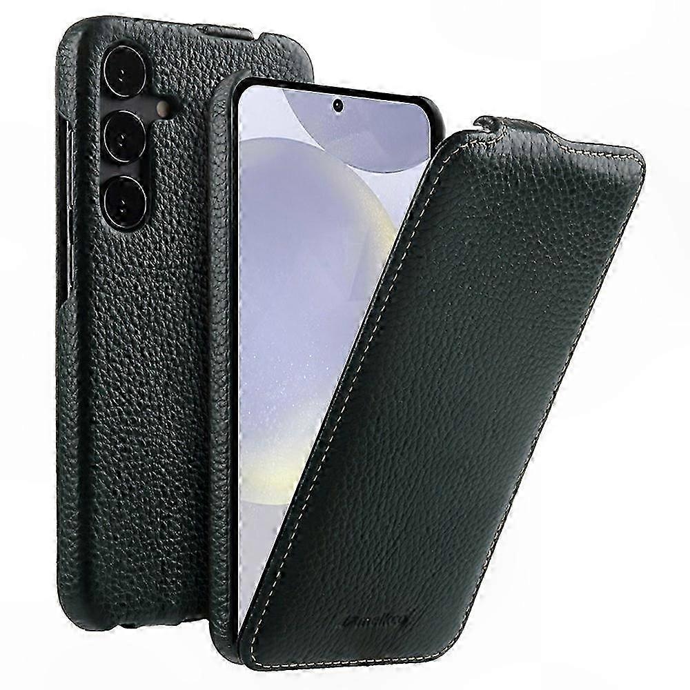 Vertical Flip Genuine Cowhide Leather Case with Shockproof PC Protection for Galaxy S25