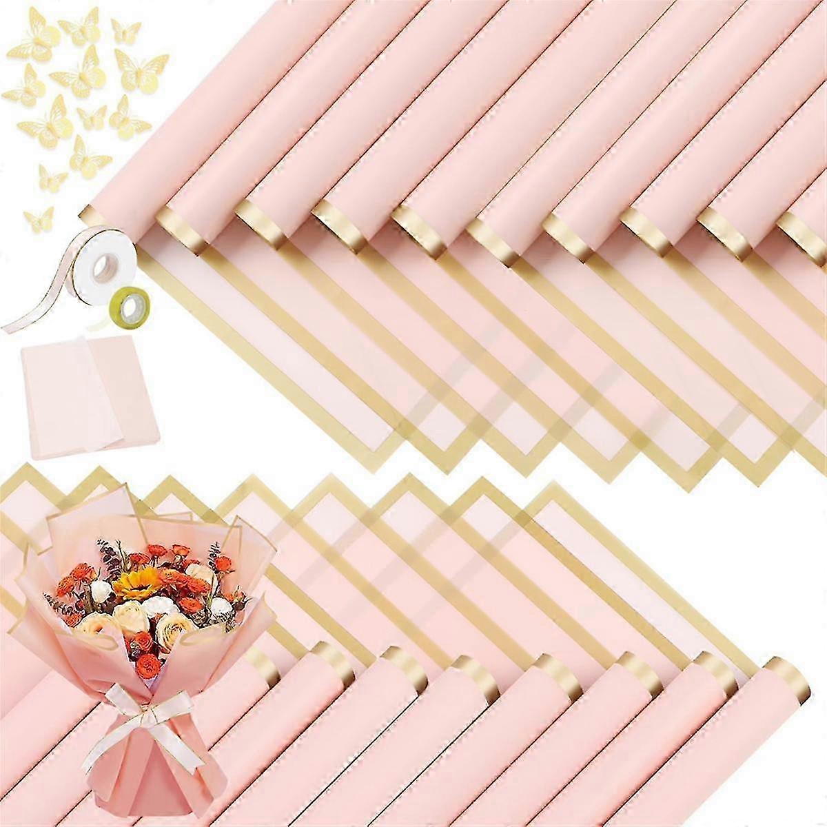 20 Sheets Gold Edge Flower Wrapping Paper Bouquet Packaging Paper Florist Bouquet Supplies for Wedding (Rose Pink)