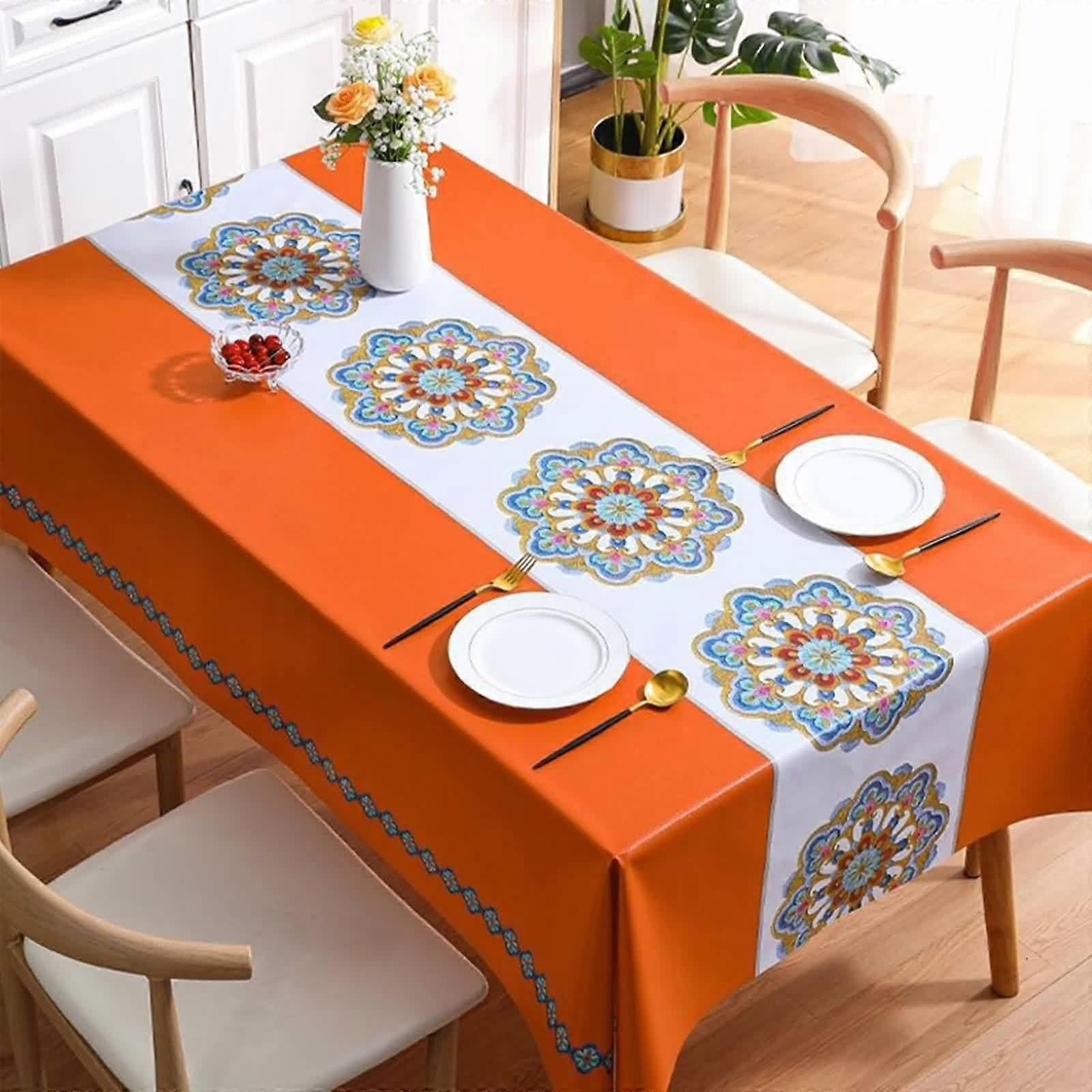 Rectangular Tablecloth PVC 140x220 cm, Embroidered Flower Pattern, Lotus Effect, Easy Care, Orange