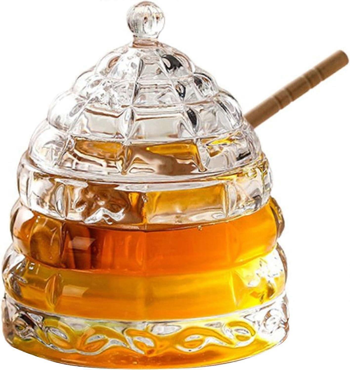 Glass Storage Jars With Beehive Honey Jar And Wooden Dipper, Keeps Honey Fresh, 11.5 x 14 cm Crystal Clear