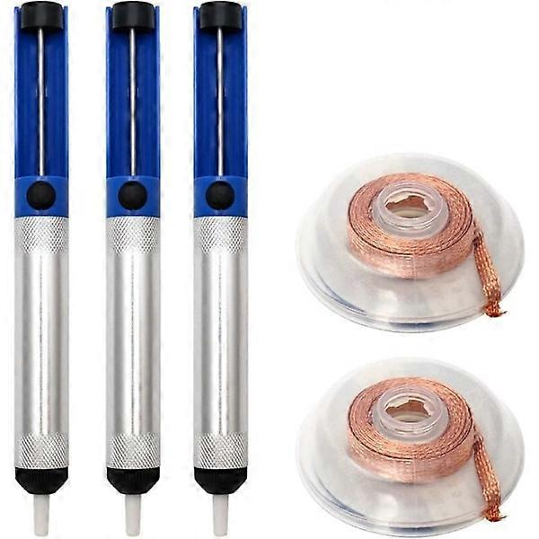 Desoldering Pump Solder Wire, 3 Desoldering Pump and 2 Desoldering Braid with 2.5mm Wide and 1.5m Long, Blue