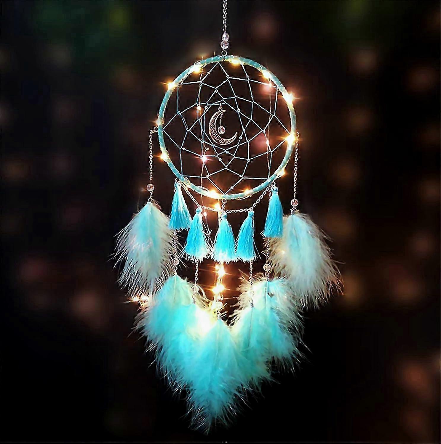 Light Blue Handmade Dream Catcher with LED Lights for Wall Decoration
