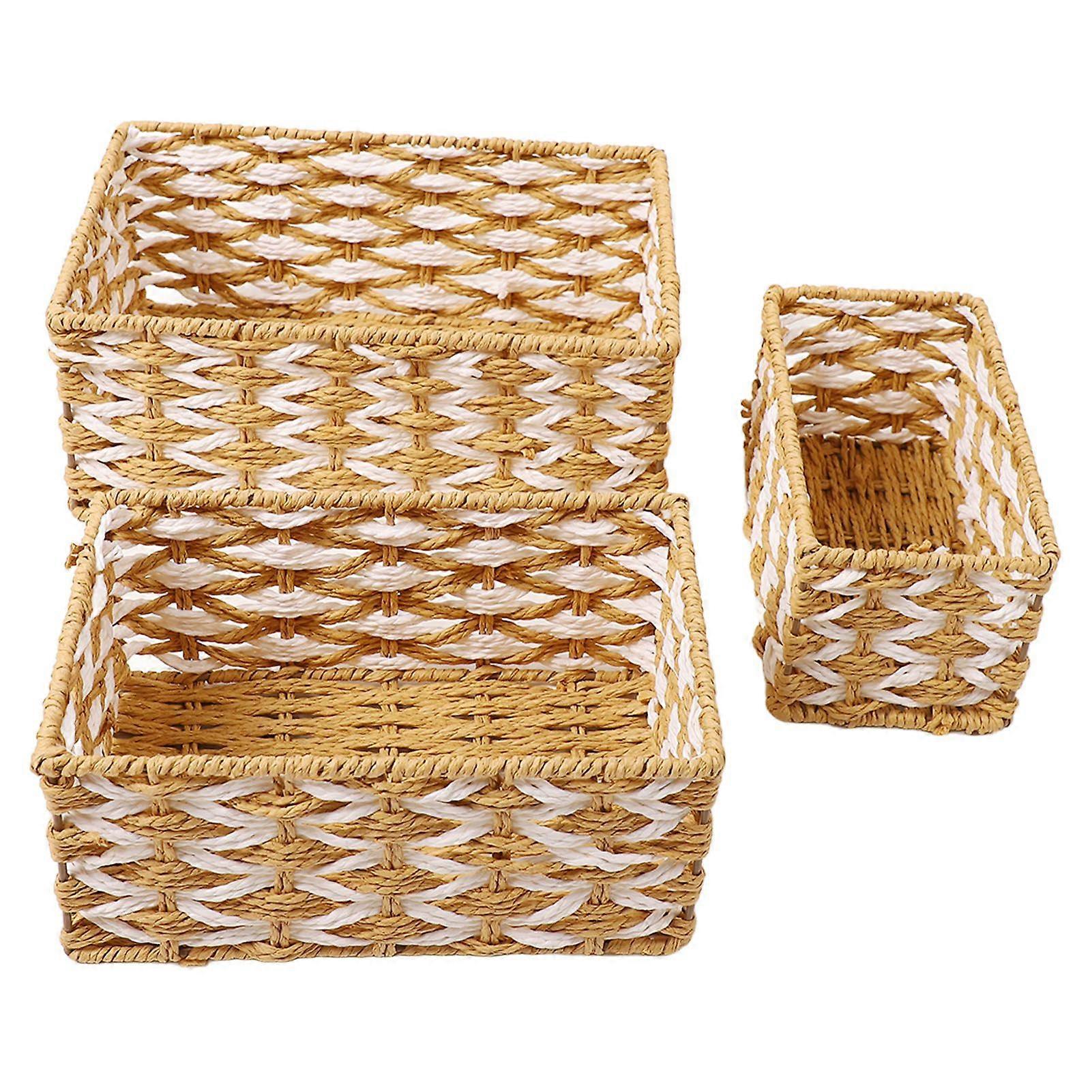 3PCS Hand Woven Storage Baskets Multipurpose Minimalist Decorative Woven Storage Bins Set for Snack Bedroom Shelves Organizing