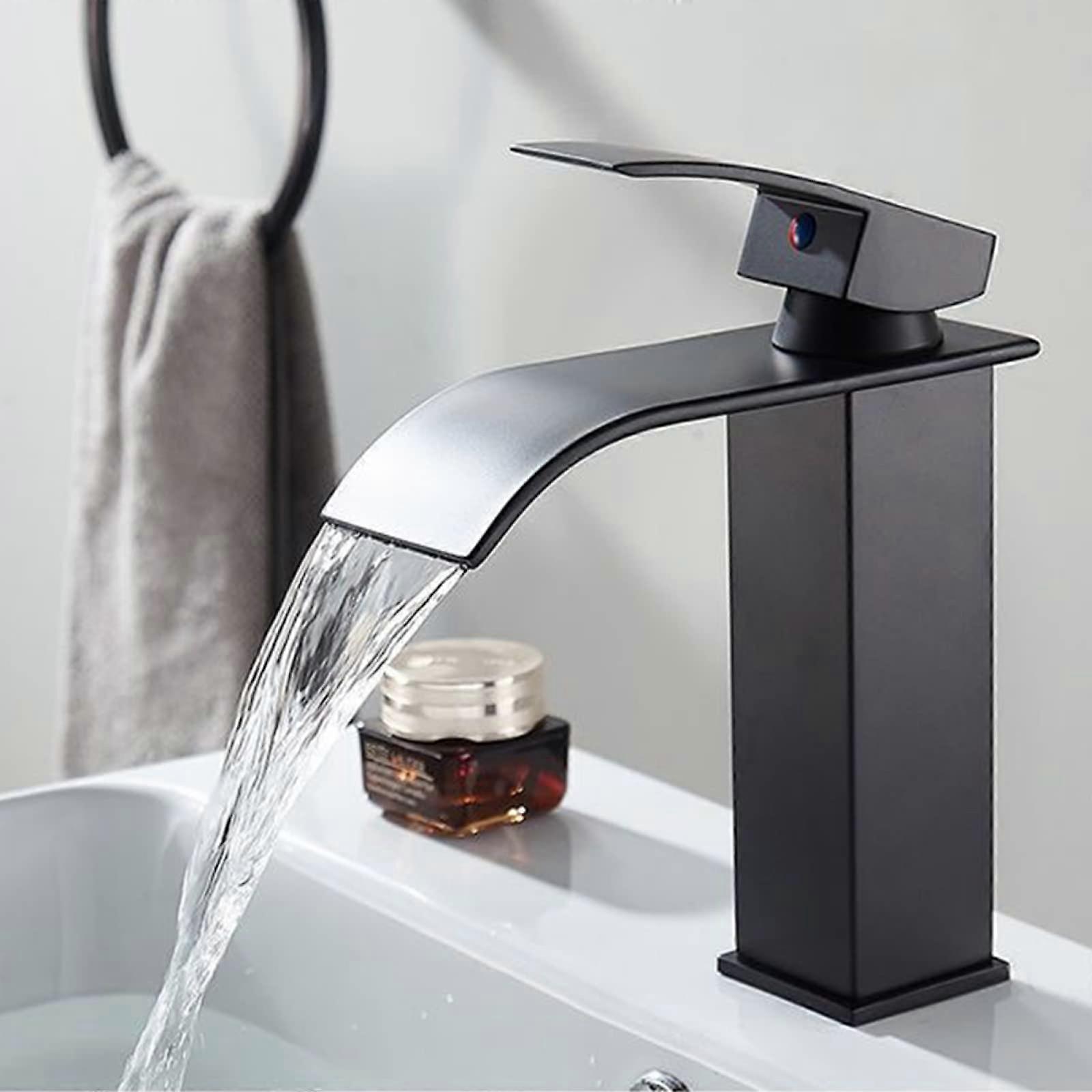 Basin Mixer Waterfall Black Stainless Steel Lavatory Faucet With Waterfall Spout, Single Handle, Bathroom Sink