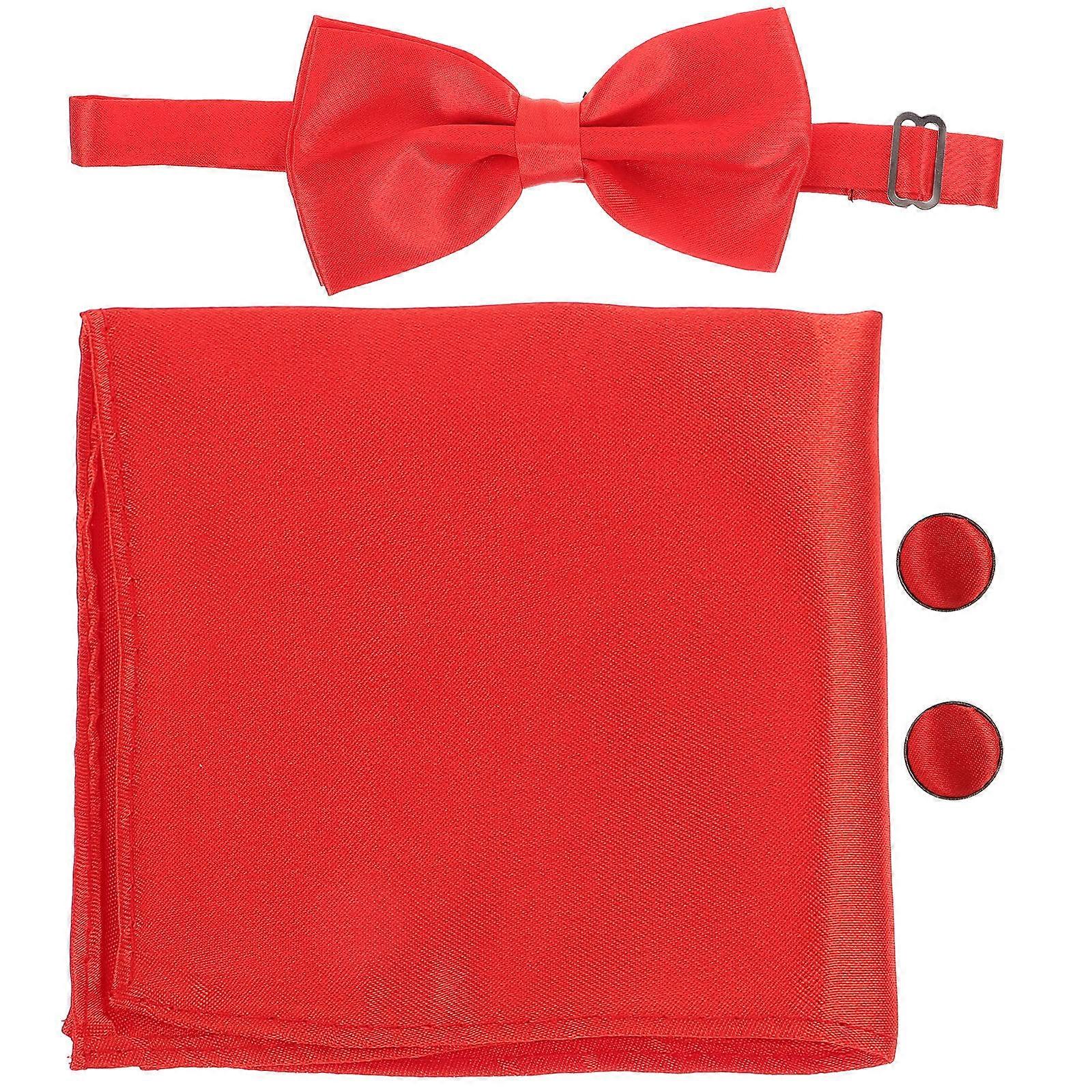 Red Satin Bow Tie Handkerchief and Cufflinks Set for Groom 4Sets