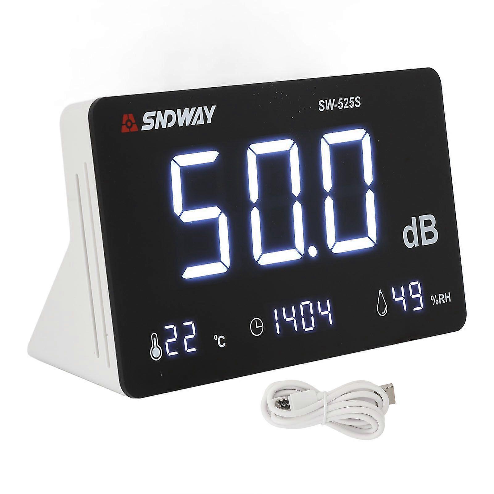 Sound Level Meter 4 in 1 Noise Decibel Temperature Humidity Time Display Meter with Audible Visual Alarm