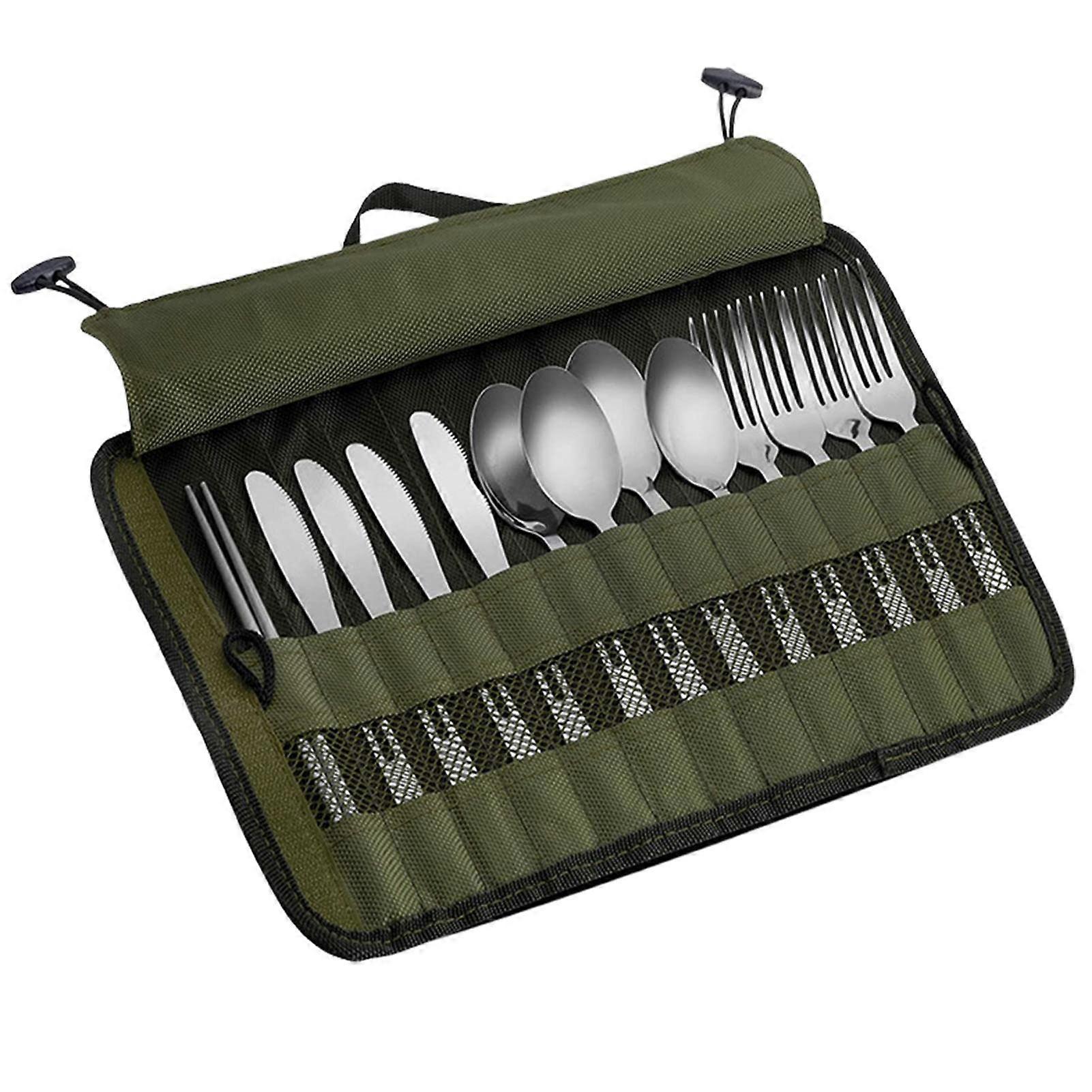 Cutlery Storage Bag - Portable Army Green Polyester Roll Up Pouch for Forks, Spoons, Chopsticks, Water Resistant Travel Organizer