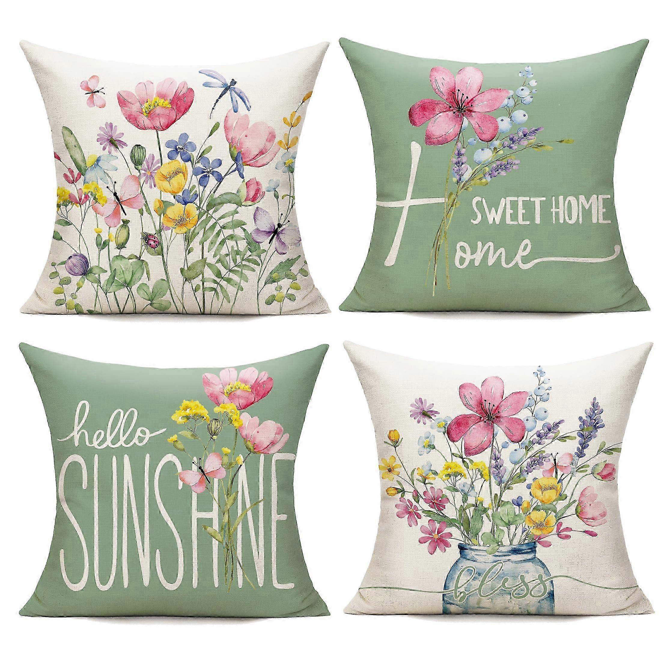 unbrand 4 Set Throw Pillow Covers Outdoor Spring Garden Flowers Farmhouse Patio Decorative for Sofa