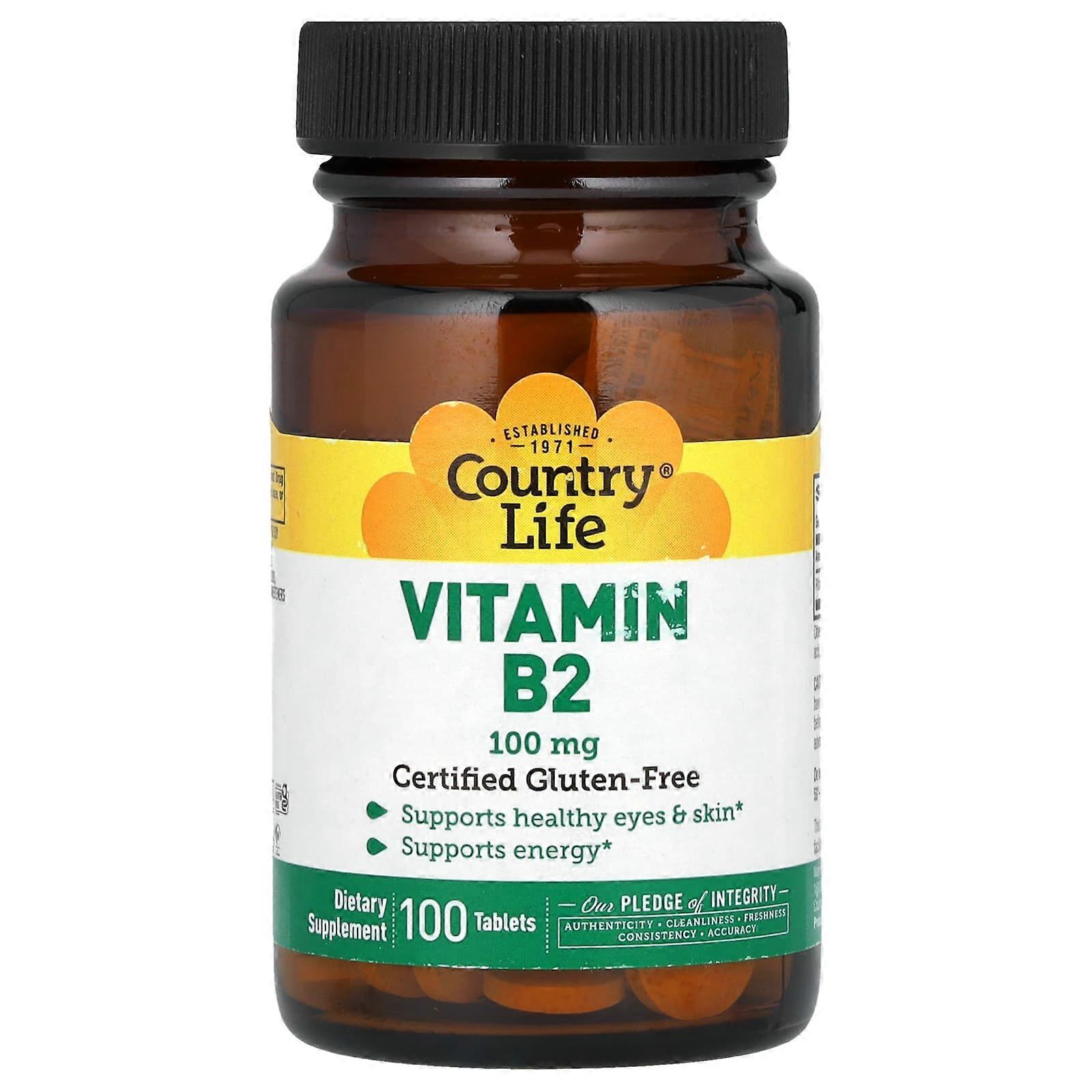 Country Life, B2-vitamiini, 100 mg, 100 tablettia