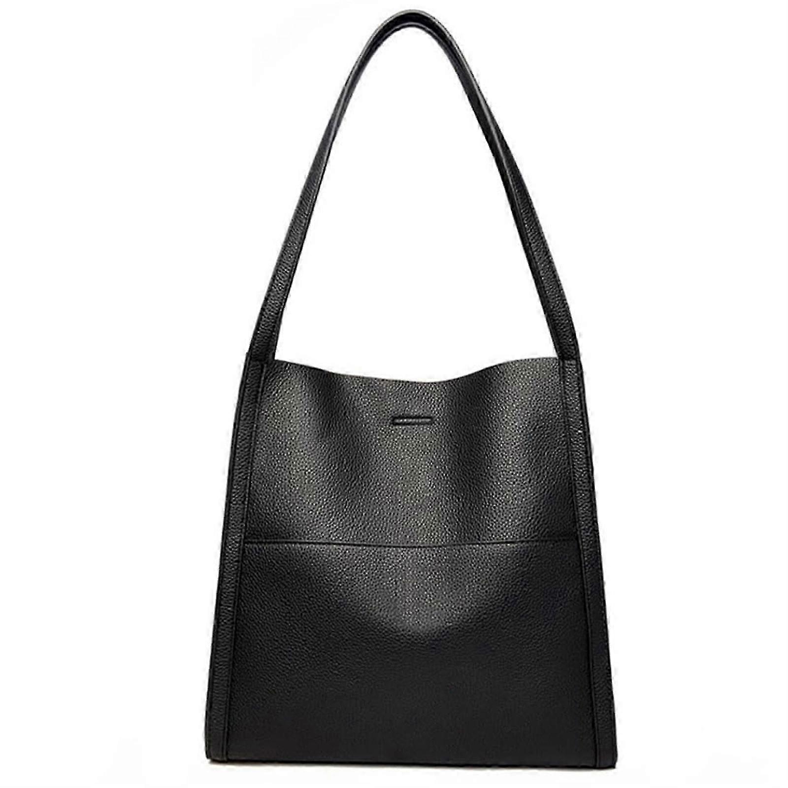 Enfärgad enkel axelväska i äkta läder, vattentäta stora handväskor för kvinnor - svart