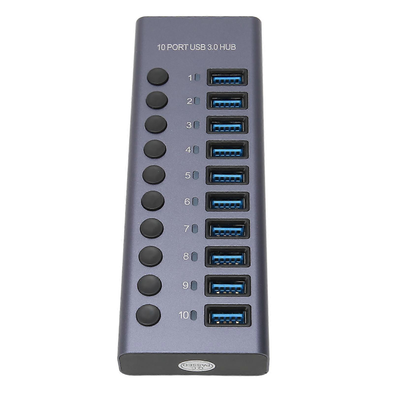 10 Port 60W USB 3.0 Hub with Individual Power Switches LEDs Aluminum Alloy Shell USB 3.0 Docking Station 60W 12V 5A Power Adapter 100‑240V EU Plug 