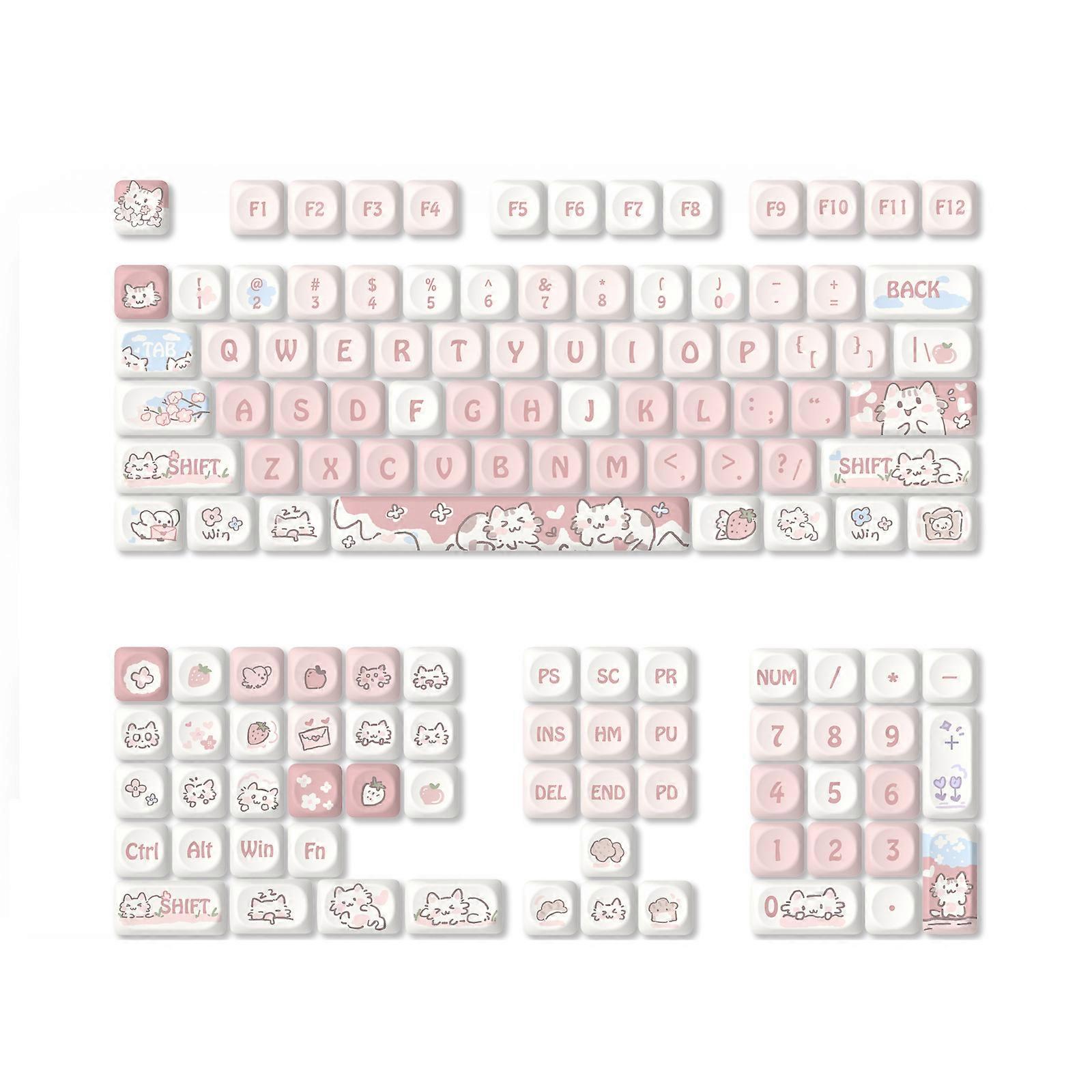 Cartoon Keycaps Set 132Keys MOA Height Heat Sublimated Strawberry Kitten Colorful for Mechanical Keyboards Multicolor