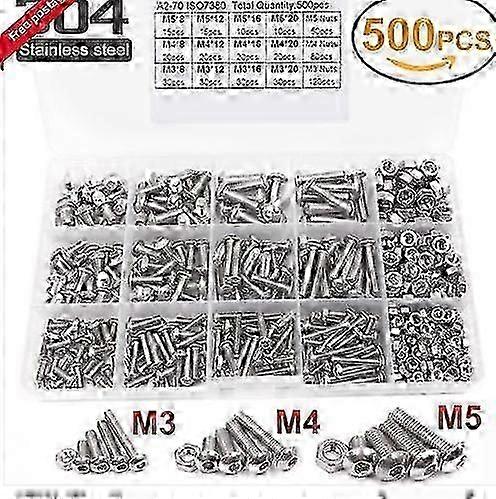 500Pcs 304 Stainless Steel Hex Socket Bolt and Nut M3/M4/M5 Set for Multiple Purpose
