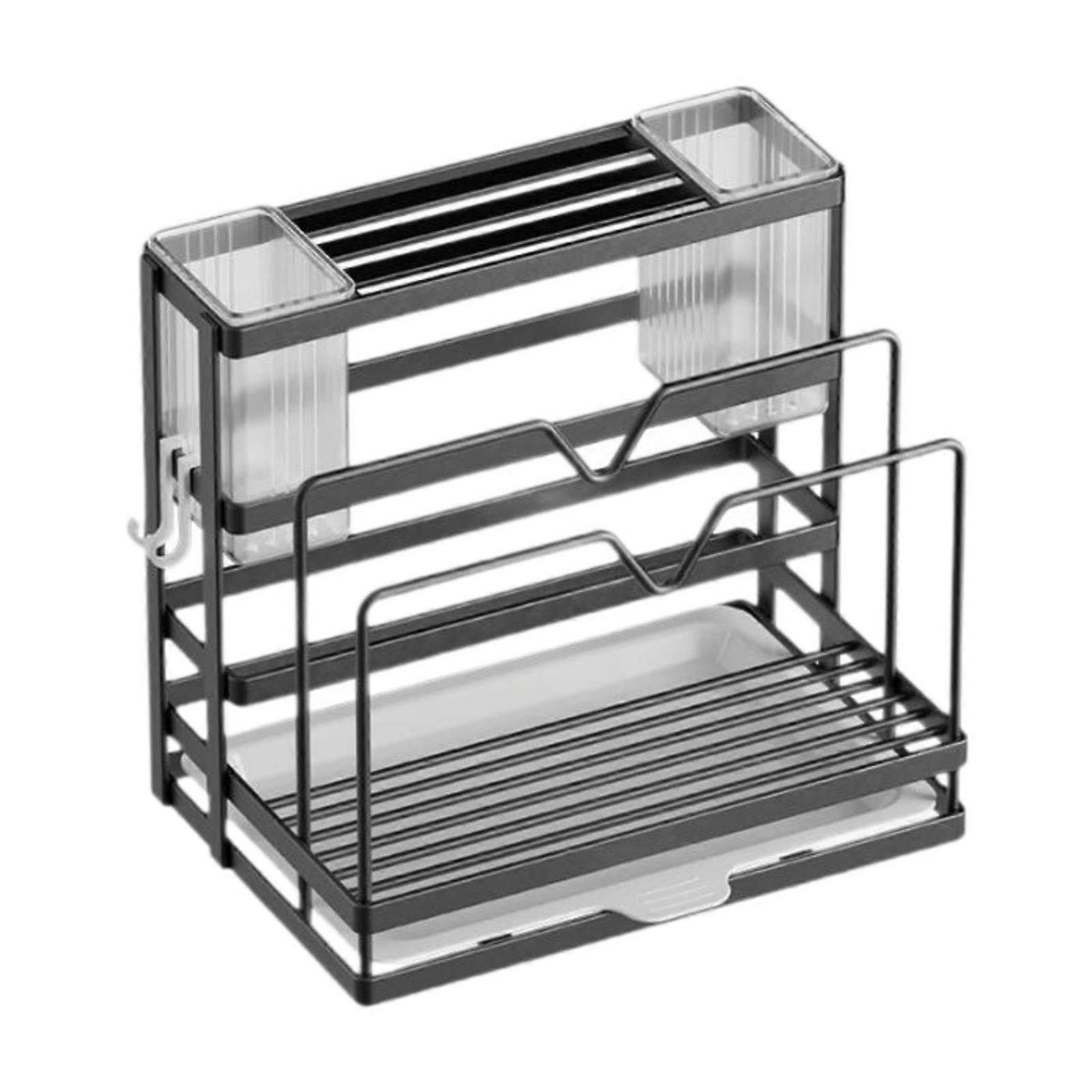 Double Layer Kitchen Utensil Organizer Rack with Pot Lid and Cutting Board Holder, Space Saving Gray